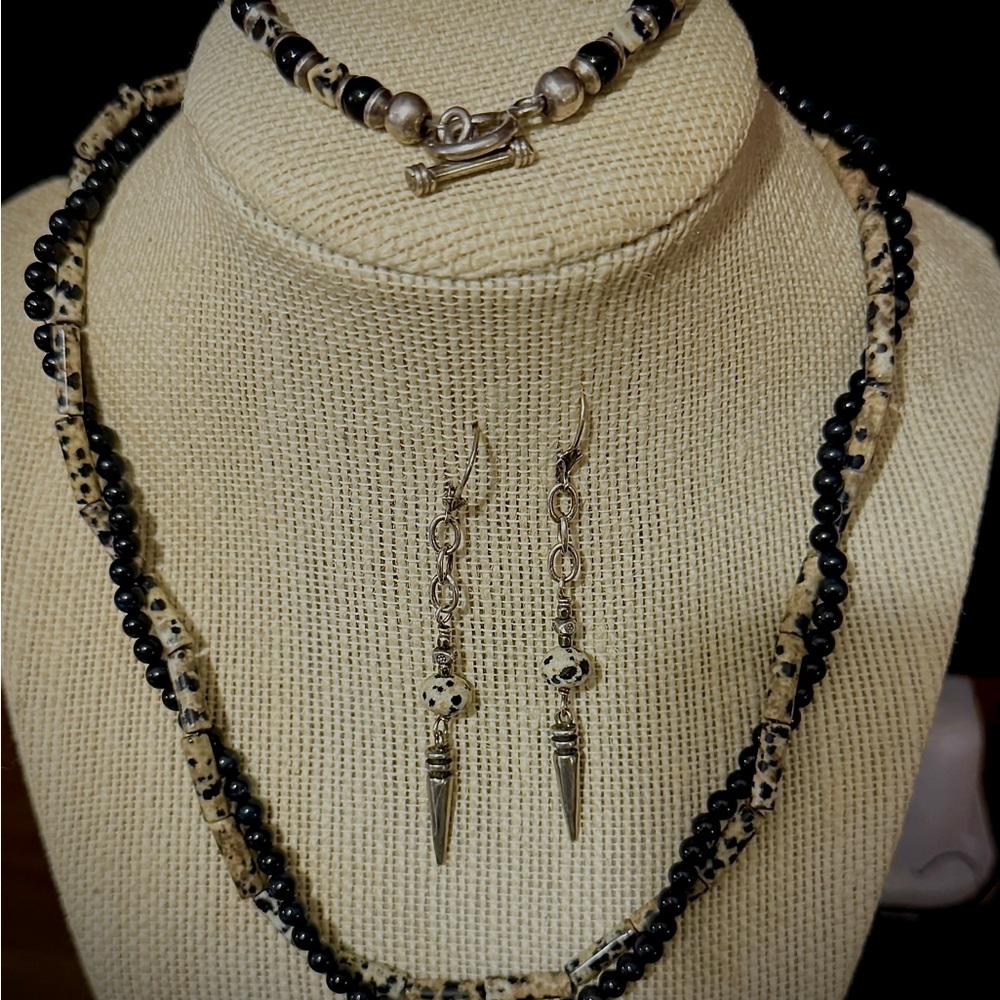 Sterling Silver Dalmatian Jasper and Obsidian Three Piece Set